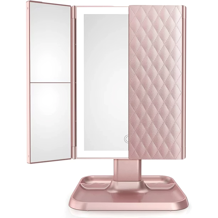 Foldable LED mirror with 3 panels for precise makeup