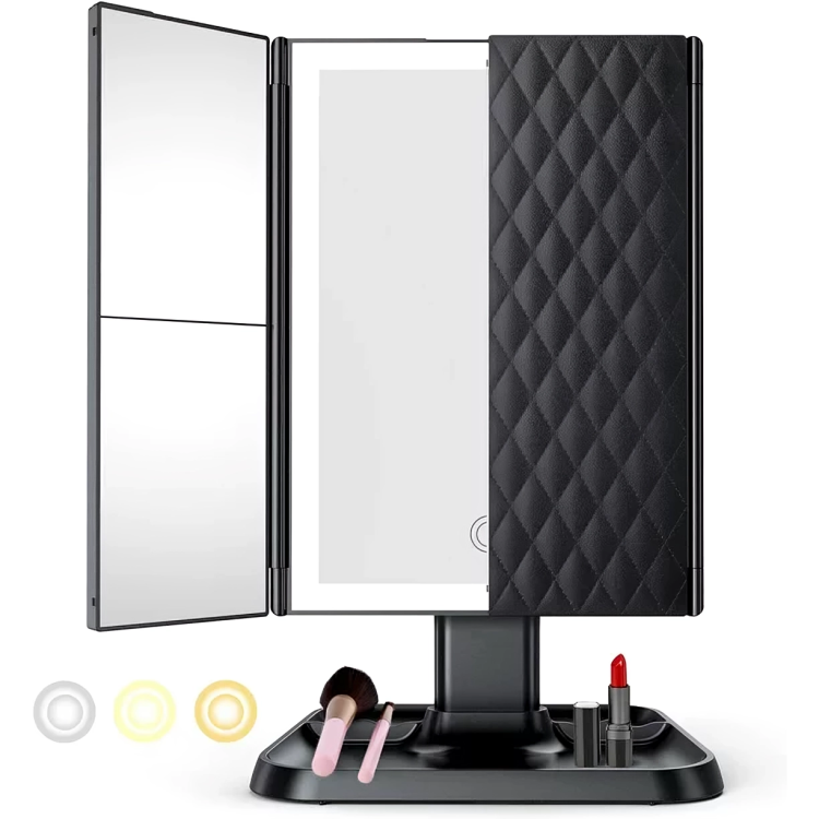 Foldable LED mirror with 3 panels for precise makeup