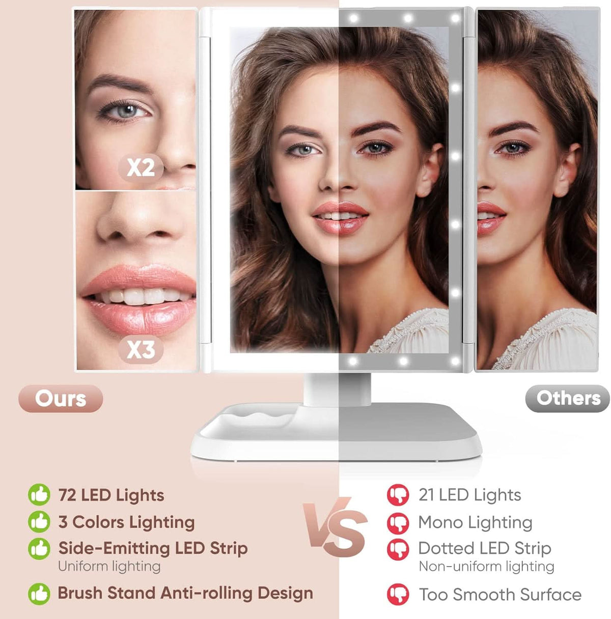 Opvouwbare LED-spiegel met 3 panelen voor nauwkeurige make-up 
